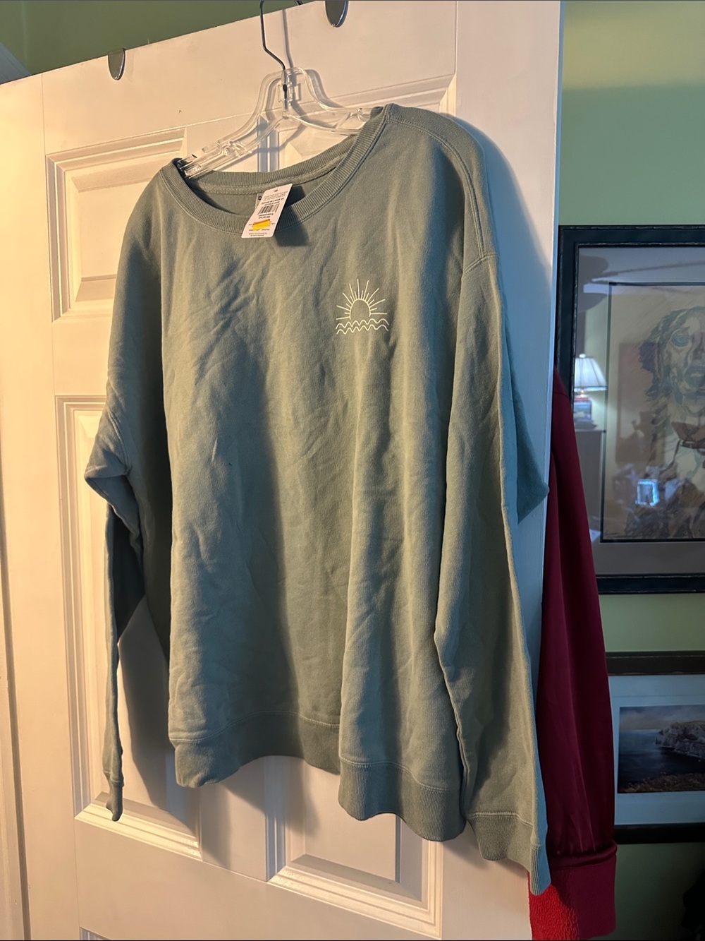 Hanes Sage Green Crewneck Sweatshirt with Sun Wave Chest Graphic